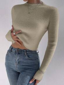 Chiquease Women Stand Collar Long Sleeve Slim Fit Pullover Sweater, Solid Color, Autumn/Winter Knit Pullover Fall - Yellow - View 3