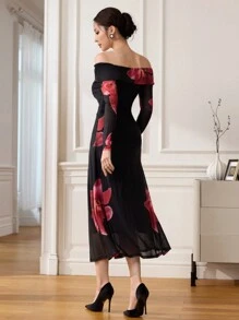 Modelyn 女士优雅欧美风格收腰长袖修身连衣裙长款晚礼服 - 黑色 - 查看 2