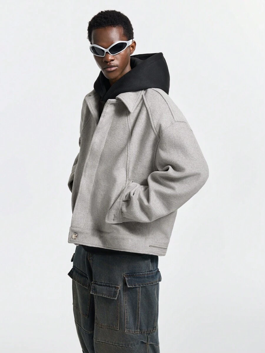 NEON BLANC 1pc Men Grey Street-Style Split Long Sleeve Jacket, For Fall Winter - Grey - View 1