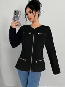 SHEIN Clasi Women's Minimalist Zipper Waist Long Sleeve Jacket - Black - View 1