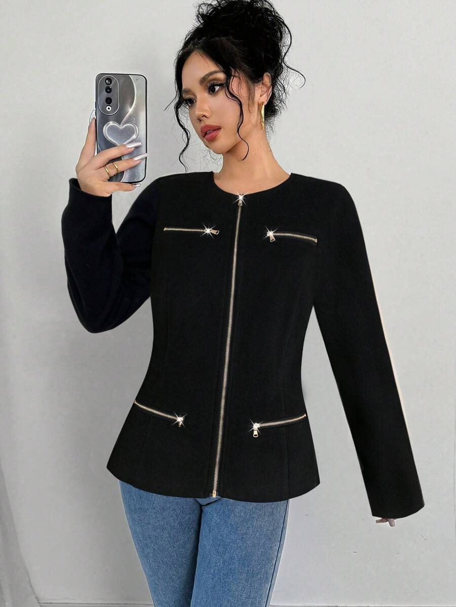 SHEIN Clasi Women's Minimalist Zipper Waist Long Sleeve Jacket - Black - View 1