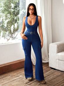 SHEIN ICON 女式深 V 领工装口袋喇叭形无袖休闲牛仔连身裤