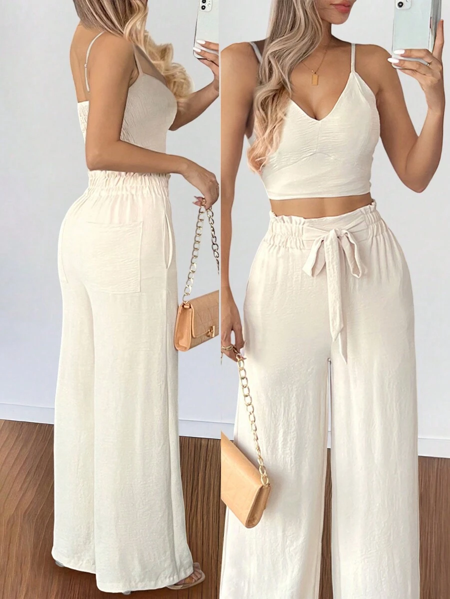 SHEIN PETITE 性感露背褶皱细肩带高腰直筒连体裤 - 咖啡棕 - 查看 1