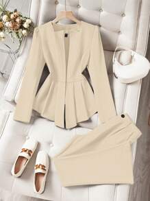 Chiquease 2 件套高端优雅纯色收腰西装外套和喇叭裤套装 - 杏色 - 查看 1