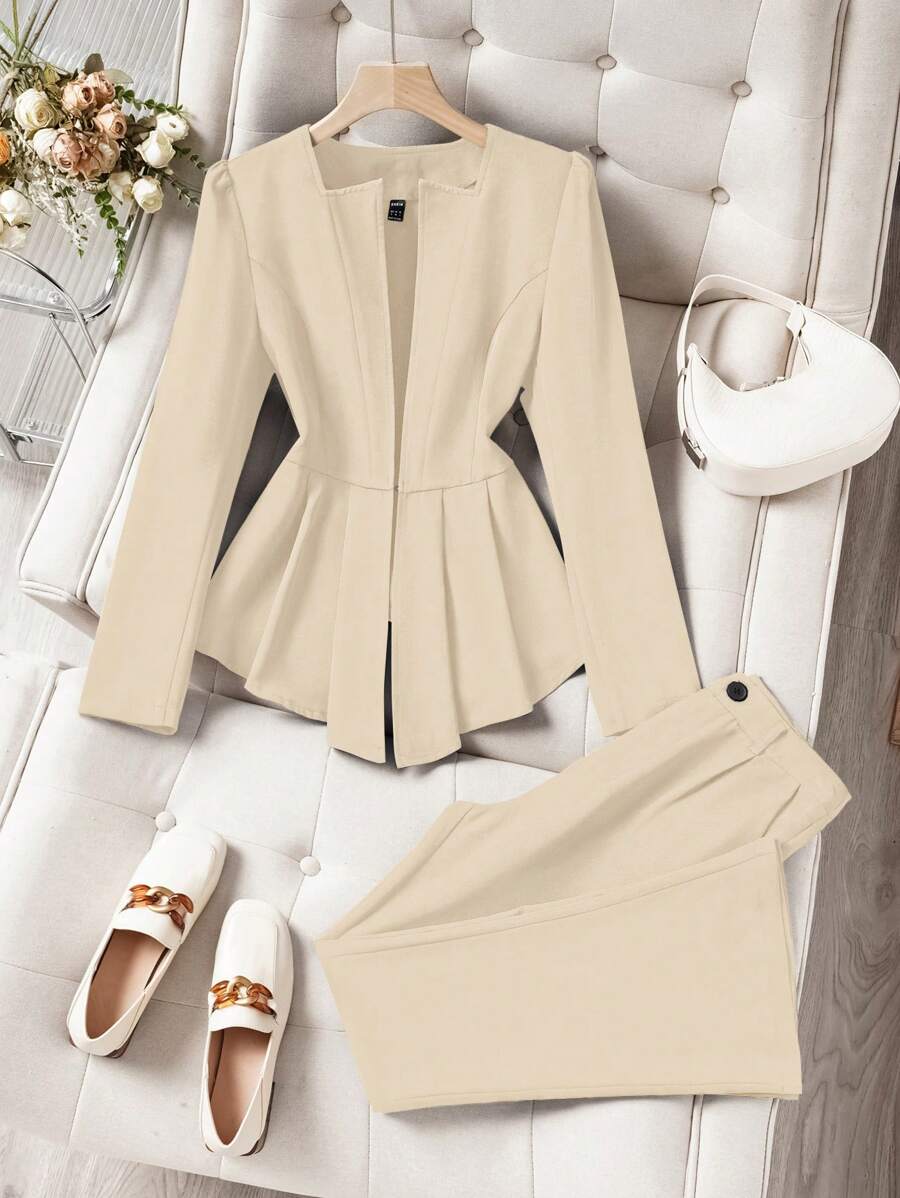Chiquease 2 件套高端优雅纯色收腰西装外套和喇叭裤套装 - 杏色 - 查看 1