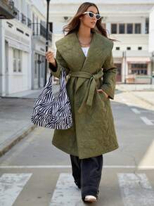 EMERY ROSE 复古优雅转绗缝领长袖女式绗缝加厚保暖聚酯纤维合成保暖冬季外套冬季夹克，中长款加厚棉服冬装 - 軍綠色 - 查看 4