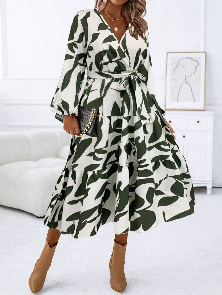 SHEIN LUNE Crossover Wrap Patchwork Lantern Sleeve Flare A-Line Dress - Army Green - View 1