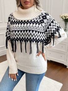 Calvaya 大码女式厚针织套头毛衣，撞色设计，流苏肩部，休闲高领套头衫，适合秋冬季穿着。 - 黑與白 - 查看 6