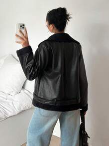 SHEIN EZwear 新款复古休闲黑色蓬松衬里宽松皮夹克，秋冬 - 黑色 - 查看 2