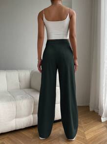SHEIN EZwear 1 件女式纯色高腰口袋直筒宽松休闲裤 - 墨綠色 - 查看 2