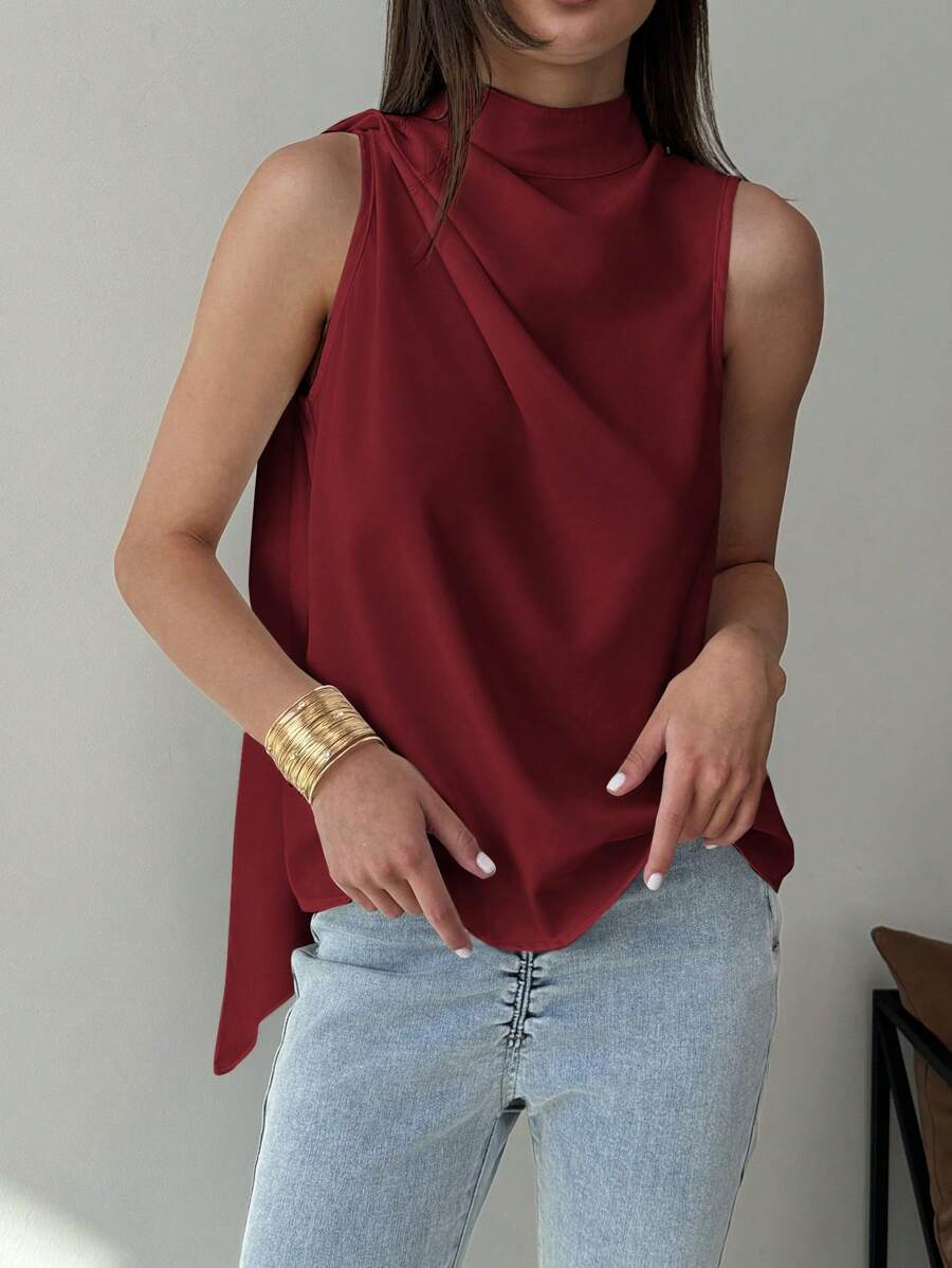 Aloruh Minimalist Commuter White Sleeveless Ruched H-Shaped Hem Woven Blouse For Women, Spring/Summer - Burgundy - View 1
