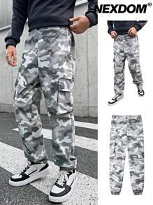 SHEIN 青少年男孩休閒迷彩風格灰口袋條紋束口長褲 - 彩色 - 查看 1