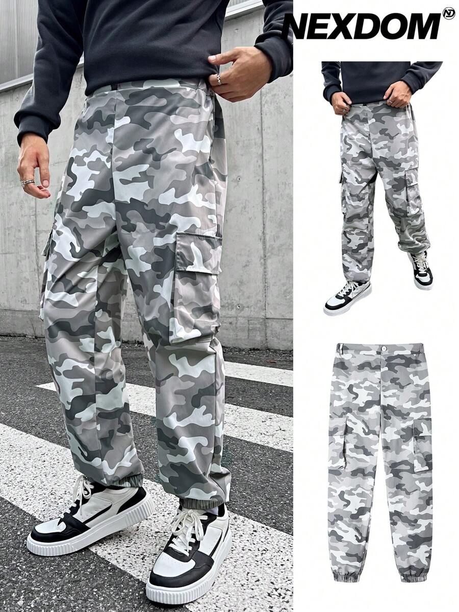 SHEIN 青少年男孩休閒迷彩風格灰口袋條紋束口長褲 - 彩色 - 查看 1