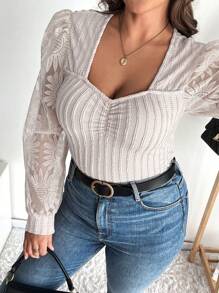 SHEIN Frenchy Women Plus Size Textural Material Contrast Mesh Design Long Sleeve T-Shirt - Apricot - View 3