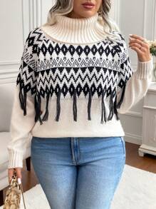 Calvaya 大码女式厚针织套头毛衣，撞色设计，流苏肩部，休闲高领套头衫，适合秋冬季穿着。 - 黑與白 - 查看 7