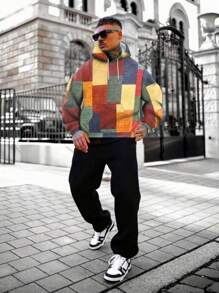 Men Spring And Summer Geometric Print Drawstring Hooded Long Sleeve Loose Sweatshirt, Fall