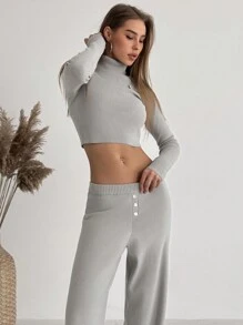 Aloruh New 2pcs Set High Neck Sweater Top With 3D Flower Decor And Straight Leg Pants, Versatile Fall/Winter Outfit - Grey - View 1