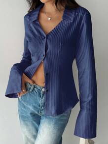 Flirla Women Solid Color Front Button Asymmetric Hem Long Sleeve Blouse Women Shirt