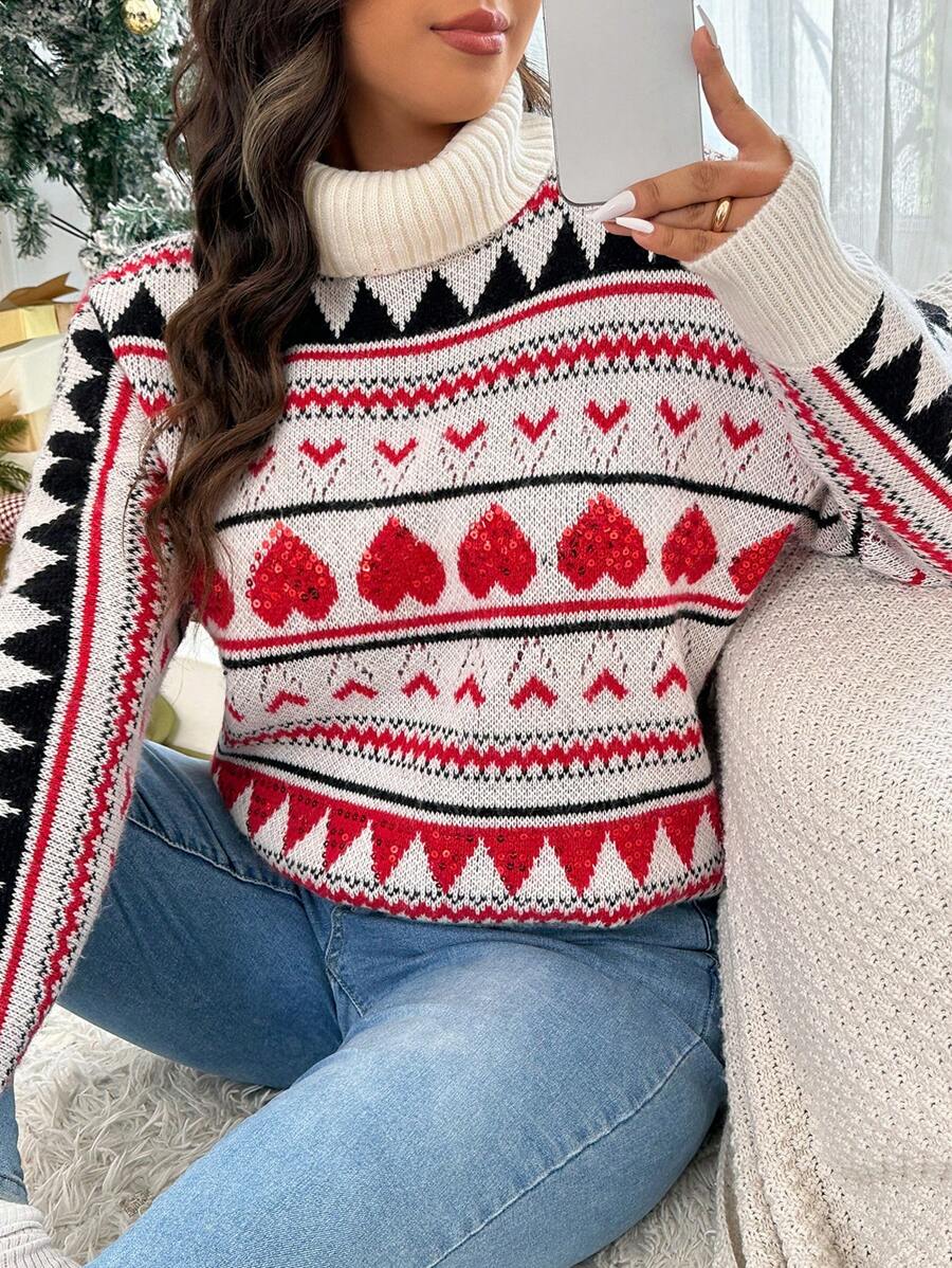 SHEIN Frenchy Plus Size Women's Winter French Christmas High Neck Sequin Cute Heart Pattern Sweater Fall/Winter - Multicolor - View 1