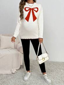 SHEIN 孕妇纯色宽松针织长袖毛衣，撞色饰边，适合孕妇，适合冬季 - 米色 - 查看 3