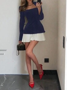 SHEIN Unity Women's Color Block Pleated Square Collar Elegant Long Sleeve Dress Fall Cloth For Women - Navy Blue - View 4