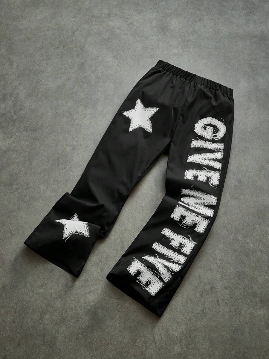 SHEIN 男童宽松休闲字母印花裤 - 黑色 - 查看 1