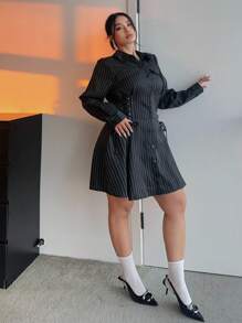 Flirla Vestido camisa de rayas negras y blancas talla grande, cintura ajustable, informal y elegante