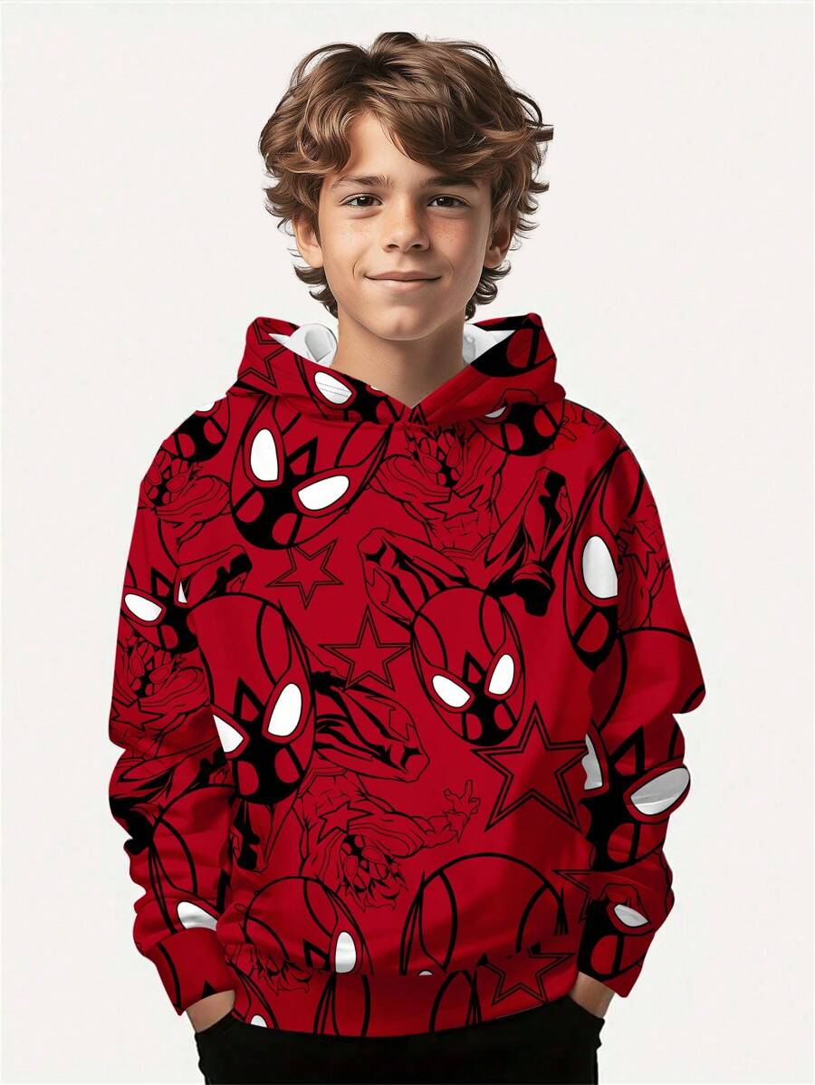 SHEIN Tween Boy Casual Loose & Comfortable Super Cool Spider Hero Print Long Sleeve Hoodie, Suitable For Autumn & Winter