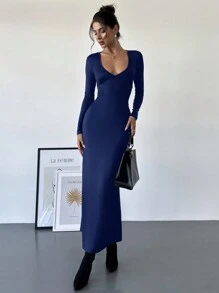 Firerie Women's Elegant Sexy Bodycon Dress, Black Deep V-Neck Long Sleeve With Cinched Waist Design, Slim Fit
