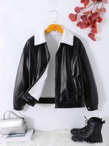 SHEIN 少女黑白蓬松加厚PU面料保暖个性百搭夹克 - 黑色 - 查看 3