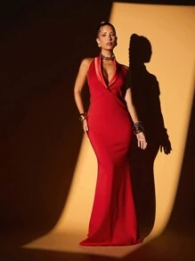Lumalex Fall Winter Thanksgiving Outfit New Years Thanksgiving Rave Festival Outfits Formal Satin Stitching Deep V-Neck Mermaid Maxi Tight Dress For Women