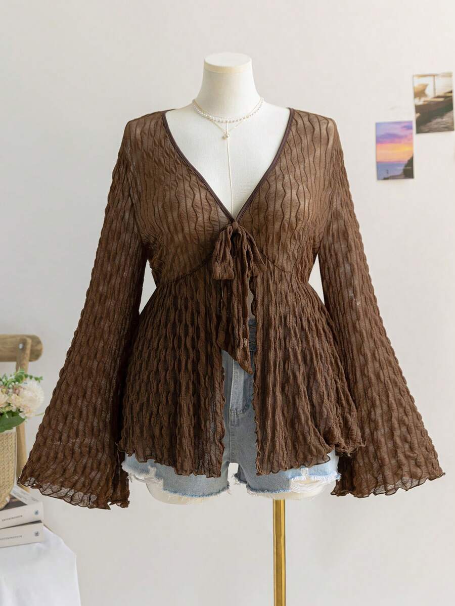 Soleia Blusa de manga larga de textura de punto marrón para mujer de talla grande, ideal para vacaciones de invierno, Año Nuevo, Navidad y Acción de Gracias - Marrón - Ver 1