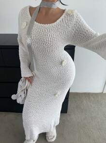 Celure Plus Size Textured Knit Crew Neck Crochet Elegant Long Dress, Autumn/Winter