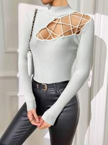 SHEIN Privé 纯色立领镂空修身优雅长袖毛衣 - 白色 - 查看 4