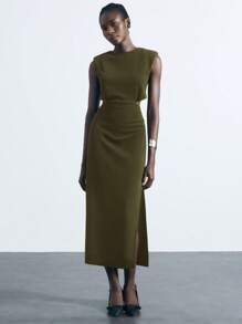 Maija 女士橄榄绿色腰部镂空设计优雅都市端庄百搭宽松圆领开衩侧中长连衣裙，适合所有季节 - 軍綠色 - 查看 5