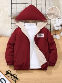 SHEIN Young Boy Letter Print Thermal Lined Hoodie Jacket, Casual For Autumn/Winter - Red - View 4
