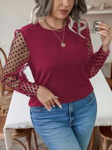 Celure Blusa informal de manga larga con cuello redondo, en talla grande, de unicolor con diseño de patchwork para mujeres