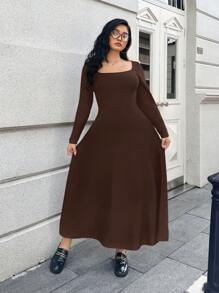 SHEIN EZwear 高弹力方领紧身上衣和喇叭中长连衣裙，大码，长袖 - 棕色 - 查看 3