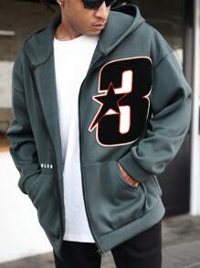 Manfinity Roghcode Men's Letter Print Zip Front Hoodie Casual Sweatshirt, Autumn - Dark Grey - View 5