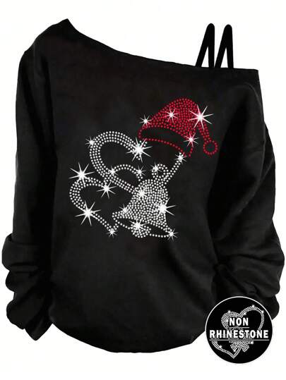 SHEIN LUNE 人造水钻心形圣诞帽，圣诞气氛，女士黑色上衣