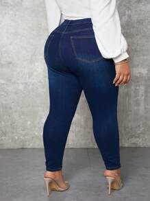 SHEIN CURVE+ 大码纯色紧身口袋休闲百搭牛仔裤