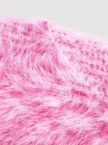 EMERY ROSE 1件女士休闲V领长袖毛绒套头衫，粉白相间，冬季针织套头衫 - 粉色 - 查看 3