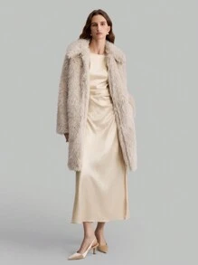 Ontre Nuevo vestido largo sin mangas para primavera 2025 para mujeres, vestido de seda al 11% para uso diario mínimo, vestimenta de lujo para fiestas con abertura lateral - Albaricoque - Ver 4