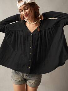 Bohemela 大码女式纯色前扣休闲黑色衬衫 - 黑色 - 查看 8