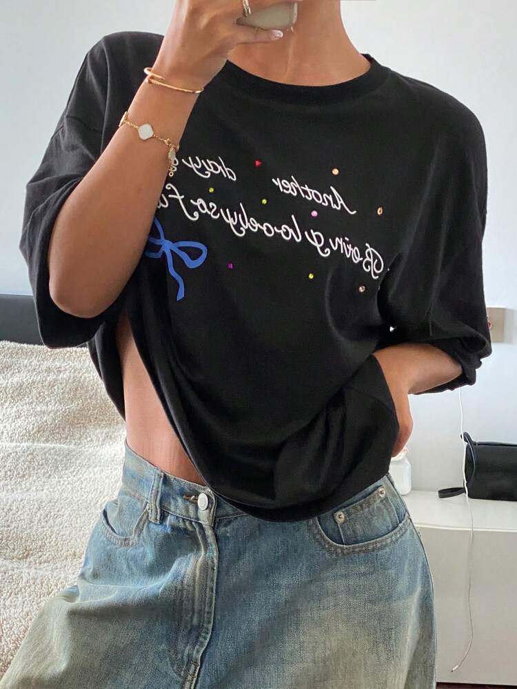 Women's Short Sleeve Loose Slogan Print Rhinestone Casual T-Shirt