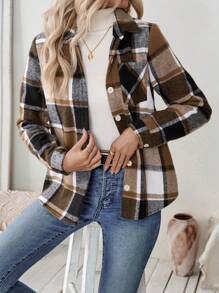 LanaWest 女士前扣格子印花长袖口袋休闲夹克，日常休闲女式衬衫，长袖上衣 - 卡其色 - 查看 3