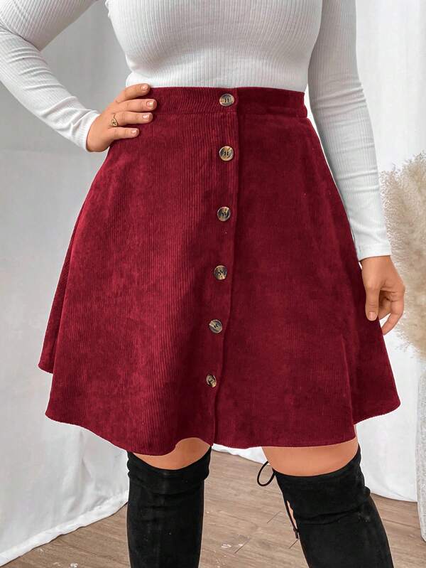 Franclia Plus Size Solid Color Button Front Minimalist A-Line Skirt, Casual For Daily Wear For New Year Clothes
