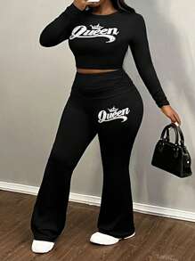 Slaydiva Plus Size Autumn And Winter New Casual Women's Round Neck Long-Sleeved Truncated T-Shirt Cuffed Flared Trousers Black Slim Fit Suit QUEEN English Letters Printed Imitation Diamond Printed