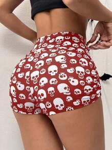SHEIN EZwear 万圣节骷髅印花短款褶皱紧身裤 - 紅白色 - 查看 2
