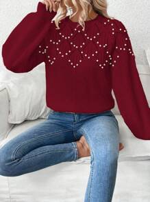 SHEIN LUNE Áo len nữ dáng suông, chất liệu dệt kim gân, trang trí ngọc trai, tay dài, thích hợp cho mùa thu đông. - Đỏ - Xem 8